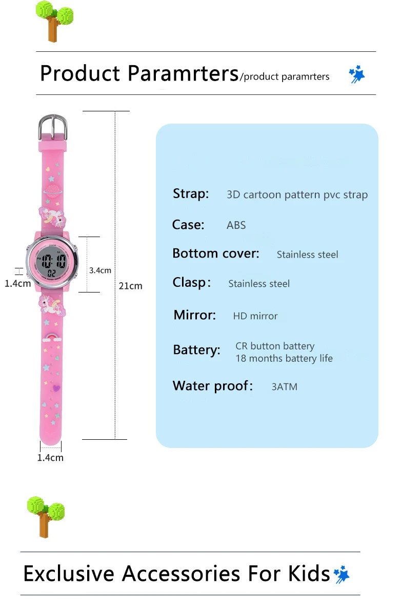 Children's Cartoon LED Electronic Watch 30M Waterproof Kids SmartWatch Pink Luminous Alarm Clock Sports Boys Girls Gift