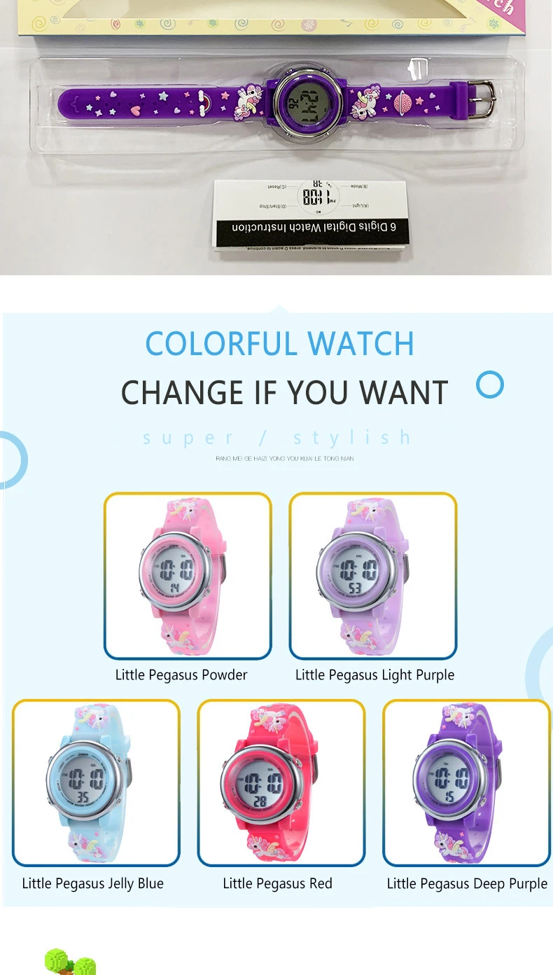 Children's Cartoon LED Electronic Watch 30M Waterproof Kids SmartWatch Pink Luminous Alarm Clock Sports Boys Girls Gift