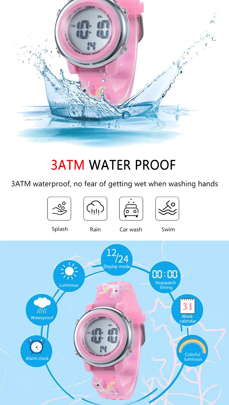 Children's Cartoon LED Electronic Watch 30M Waterproof Kids SmartWatch Pink Luminous Alarm Clock Sports Boys Girls Gift