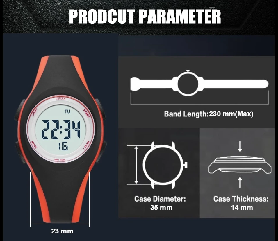 OHSEN Kids Digital Sport Watches 50M Waterproof Electronic Wristwatch Stop Watch LED Clock Children Watch For Boys Girls