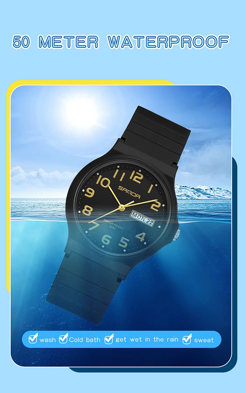 SANDA 9072 Fashion Students Quartz Watch New Design Soft TPU Strap Water Resistant Outdoor Sports Wrist Watches for Man