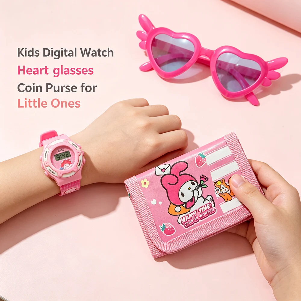 Cartoon 3pcs Hello Kitty Children Watches Wallet Glasses Set Silicone Strap Cute Kuromi Girls Watch Gift Set For Kids Student
