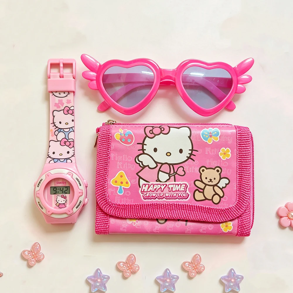 Cartoon 3pcs Hello Kitty Children Watches Wallet Glasses Set Silicone Strap Cute Kuromi Girls Watch Gift Set For Kids Student