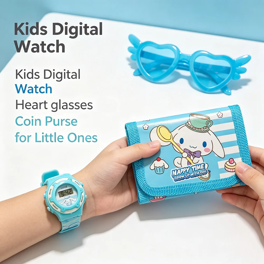 Cartoon 3pcs Hello Kitty Children Watches Wallet Glasses Set Silicone Strap Cute Kuromi Girls Watch Gift Set For Kids Student
