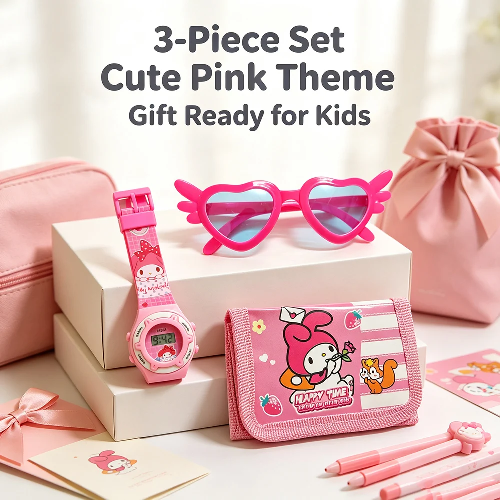 Cartoon 3pcs Hello Kitty Children Watches Wallet Glasses Set Silicone Strap Cute Kuromi Girls Watch Gift Set For Kids Student