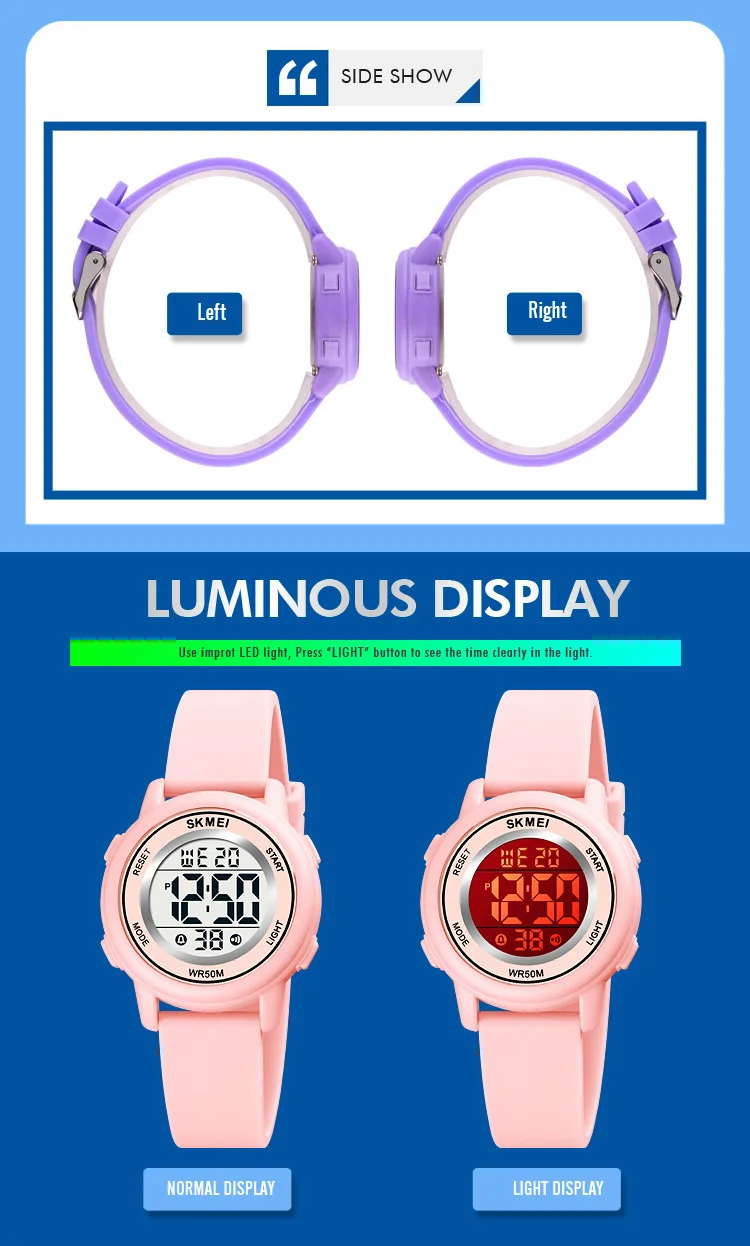 SKMEI  LED Light Digital Children Sport Watches Stopwatch Calendar Clock 5Bar Waterproof Kids Wristwatch For Boys Girls Gift