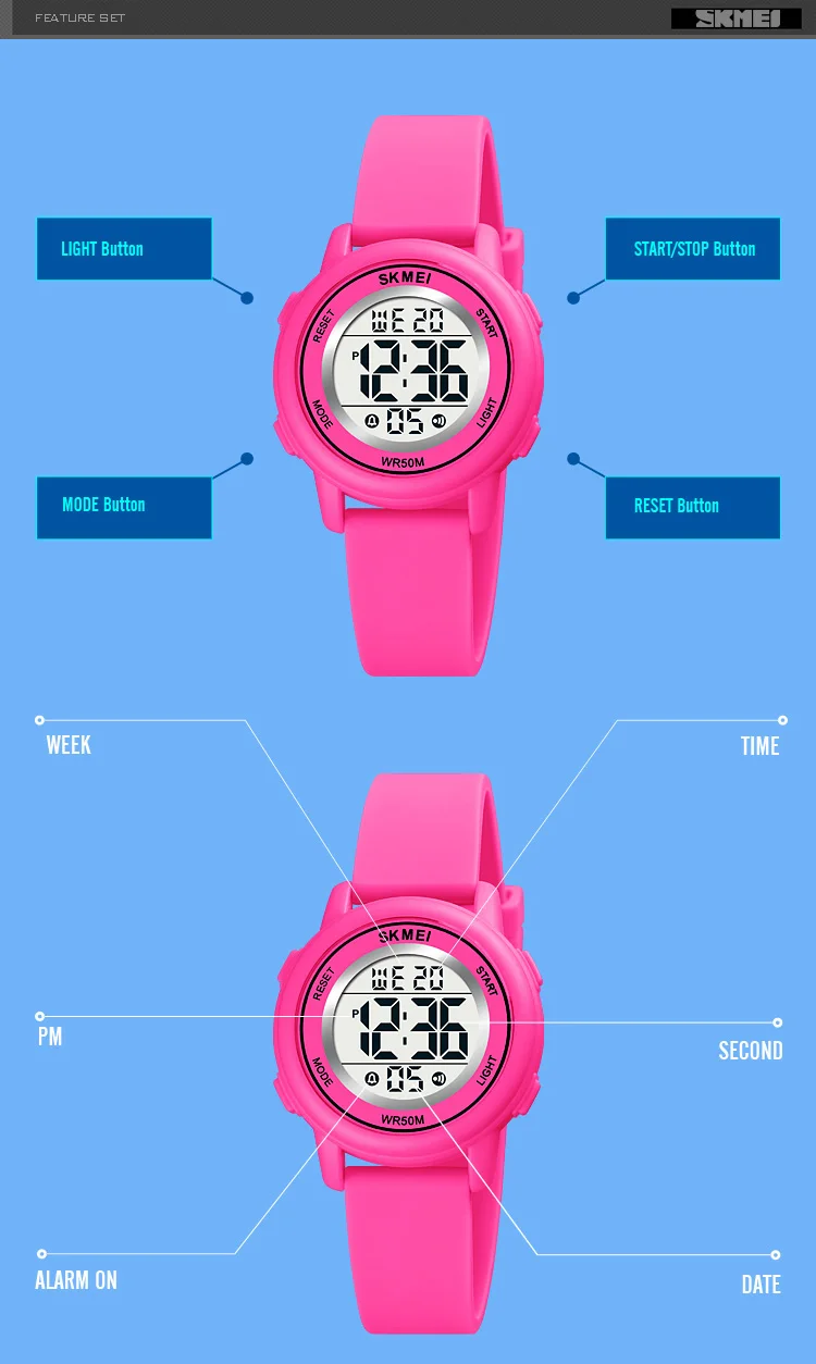 SKMEI LED Light Digital Children Sport Watches Stopwatch Calendar Clock 5Bar Waterproof Kids Wristwatch For Boys Girls Gift