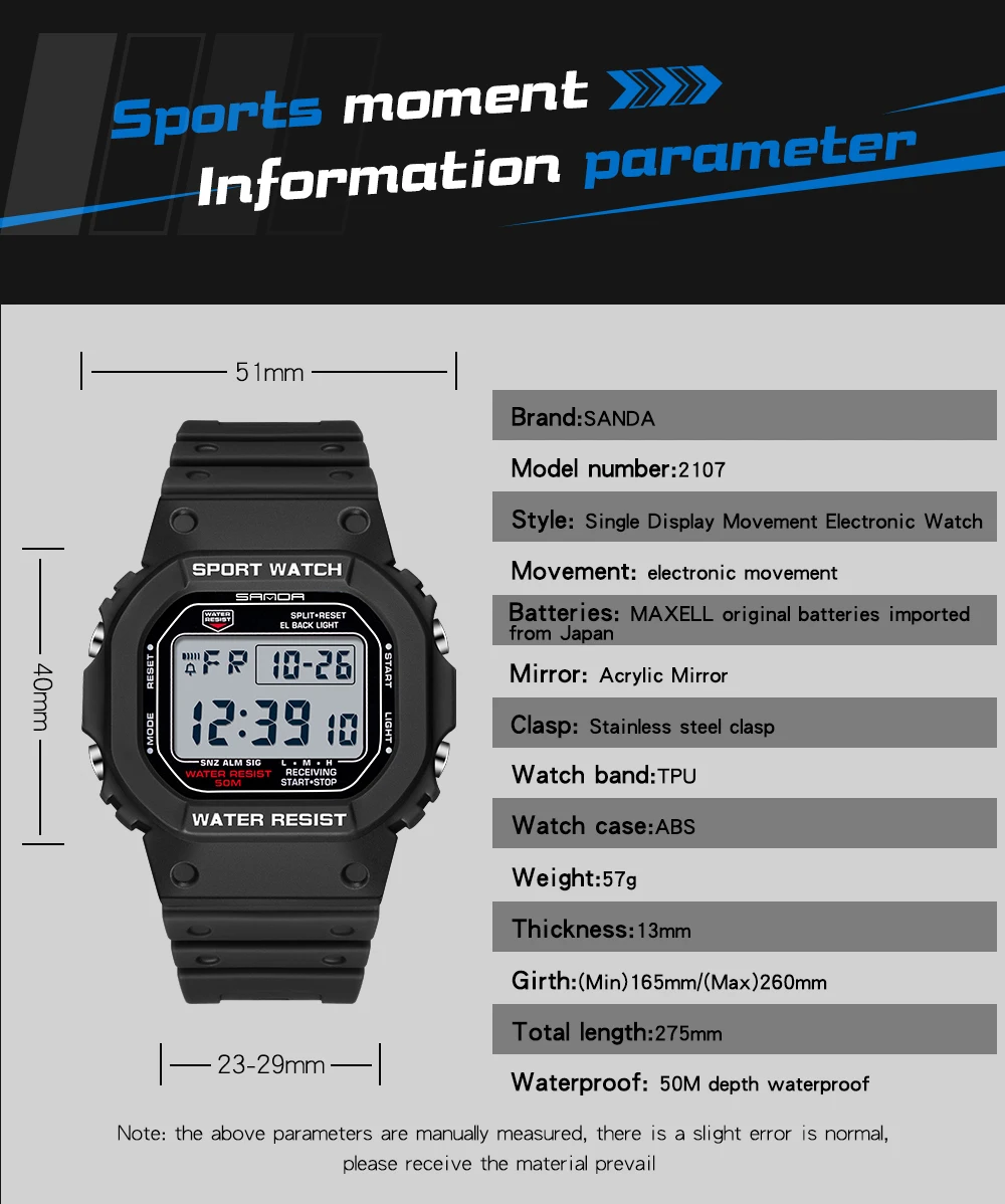 SANDA 2107 Children Watch Men Waterproof Sport Watches Boy Girl Electronic Watch Relogio Masculino LED Lamp Display Wristwatc