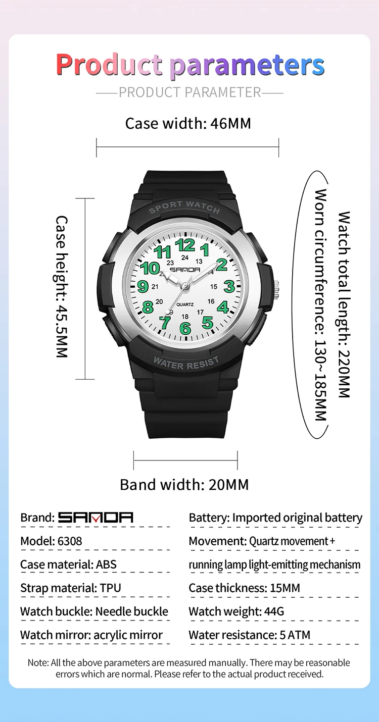 SANDA 6308 New Fashion Quartz Watches Students Outdoor Sports Luminous Waterproof Shockproof Casual Unisex Fashion Watch
