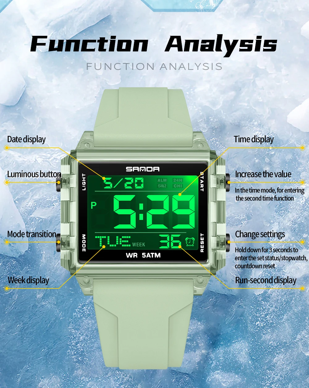Fashion Mens Woman Digital Watches Waterproof Trend Rectangle Design Sports Watch For Men Women LED Backlight Male Wristwatch