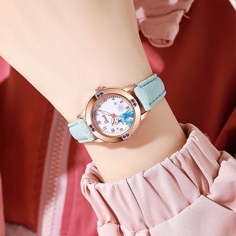 Cartoon Princess Girl Children's Fashion Watch Quartz Movement PU Leather Strap Female Student Watch Suitable for Children's Gif