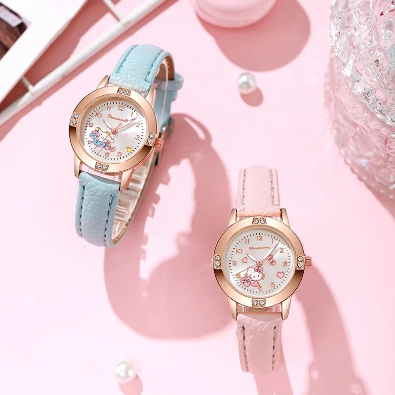 Cartoon Princess Girl Children's Fashion Watch Quartz Movement PU Leather Strap Female Student Watch Suitable for Children's Gif