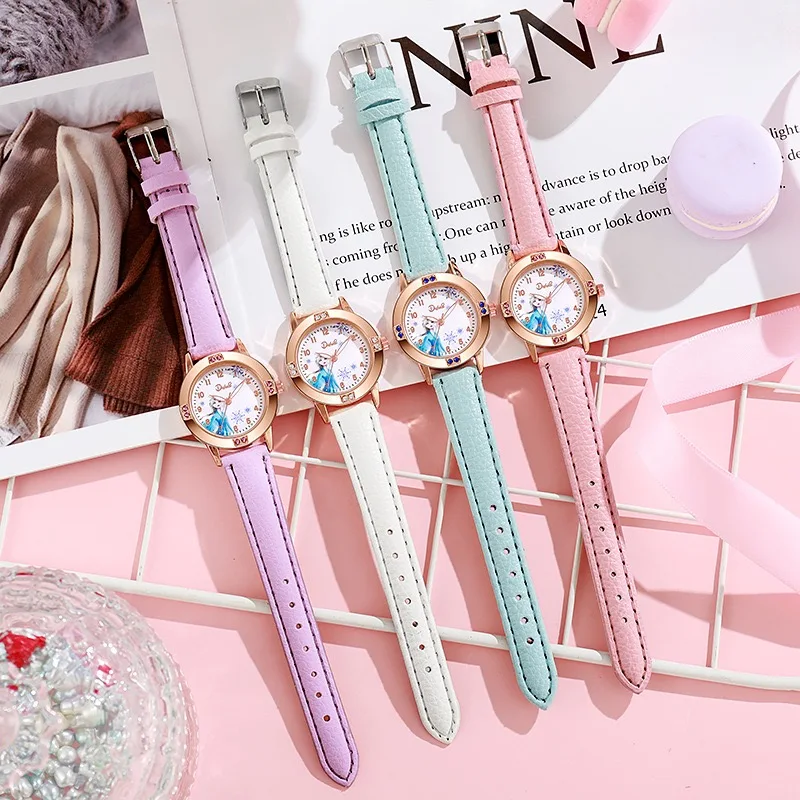 Cartoon Princess Girl Children's Fashion Watch Quartz Movement PU Leather Strap Female Student Watch Suitable for Children's Gif