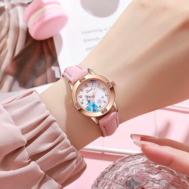 Cartoon Princess Girl Children's Fashion Watch Quartz Movement PU Leather Strap Female Student Watch Suitable for Children's Gif