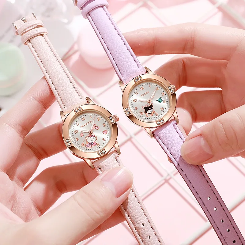 Cartoon Princess Girl Children's Fashion Watch Quartz Movement PU Leather Strap Female Student Watch Suitable for Children's Gif