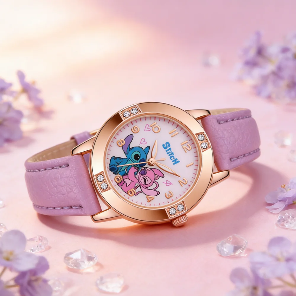 Cartoon Stitch Watches Kids Boys Girls Cute Cartoon Imitation Diamond Wristwatch Belt Student Quartz Watch Children Gifts