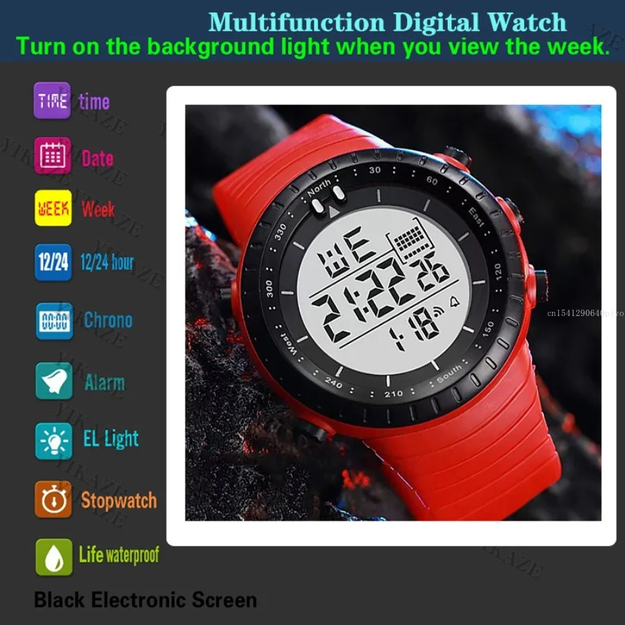 Men's Military Outdoor Sports Watch Waterproof Luminous LED Digital Wristwatch with Alarm Clock Multifunction for Student Kids
