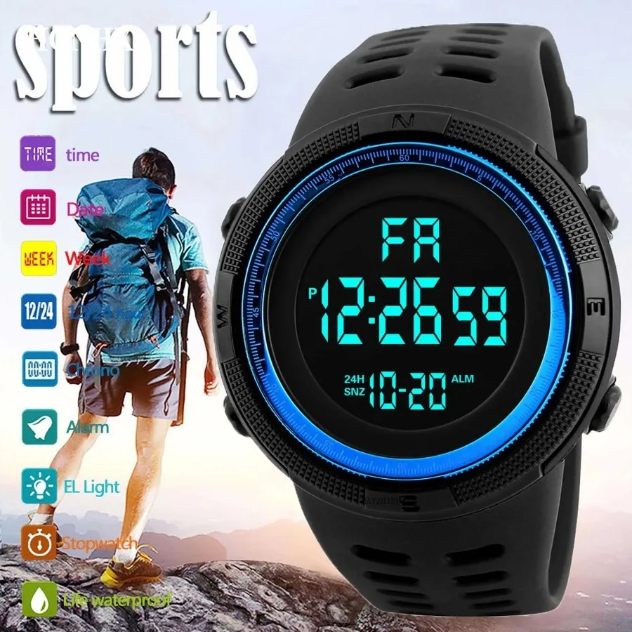 Men's Sports Watches Military Electronic Watch Outdoor Multifunction LED Digital Wristwatch Clock for Man Kids Boy Student Teen
