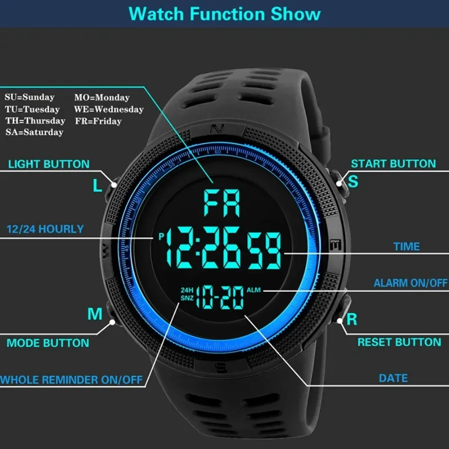 Men's Sports Watches Military Electronic Watch Outdoor Multifunction LED Digital Wristwatch Clock for Man Kids Boy Student Teen