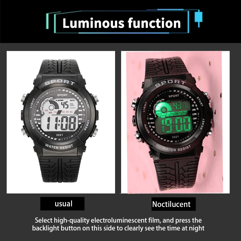 2pcs/Set Kids Electronic Watch Multifunction Sports Wristwatch LED Display Alarm Clock Watches for Boys Girls Students Gift