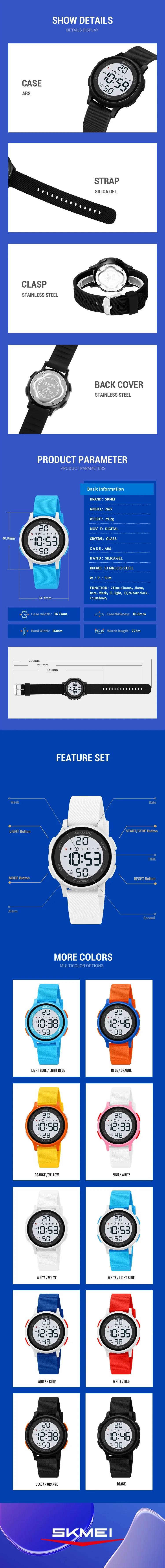 SKMEI 2427 Sport Colorful Children Digital Kids Wristwatches Waterproof Child Electronic Watch Boy Girl Shockproof Montre 1721