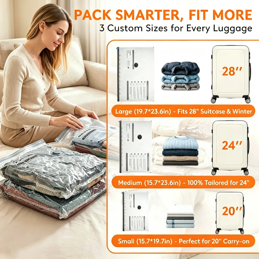 Vacuum Storage Bags for Travel and Home with Electric Pump, 3 Sizes Compression Space Saver Packing Bags for Luggage Suitcase