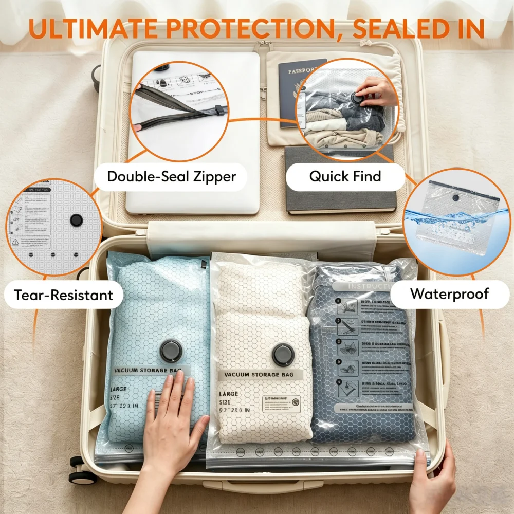 Vacuum Storage Bags for Travel and Home with Electric Pump, 3 Sizes Compression Space Saver Packing Bags for Luggage Suitcase