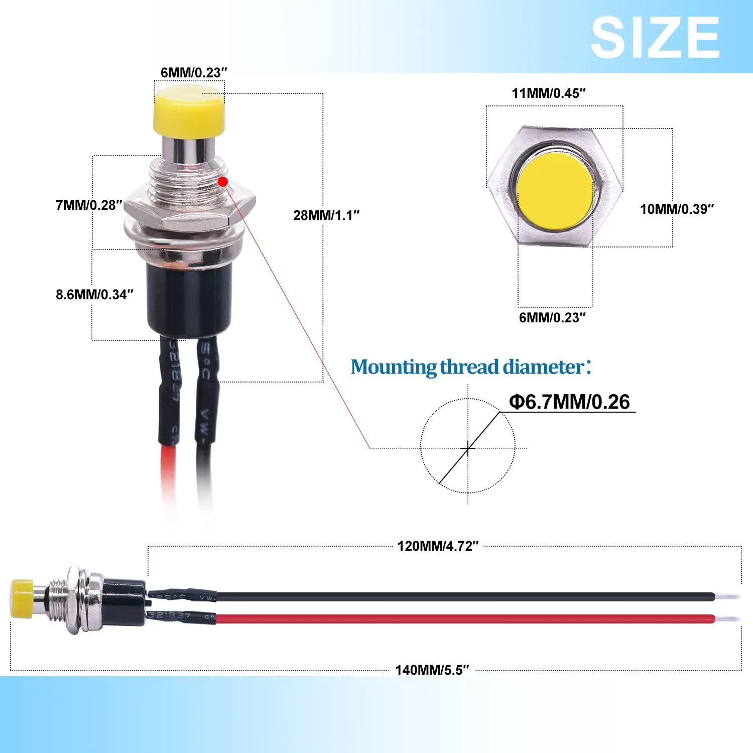 10Pcs 12V 250V Momentary Push Button Switch 2 Pins SPST 7mm Red and Black Normal Open 1A Mini Round Button Switch with Pre-solde
