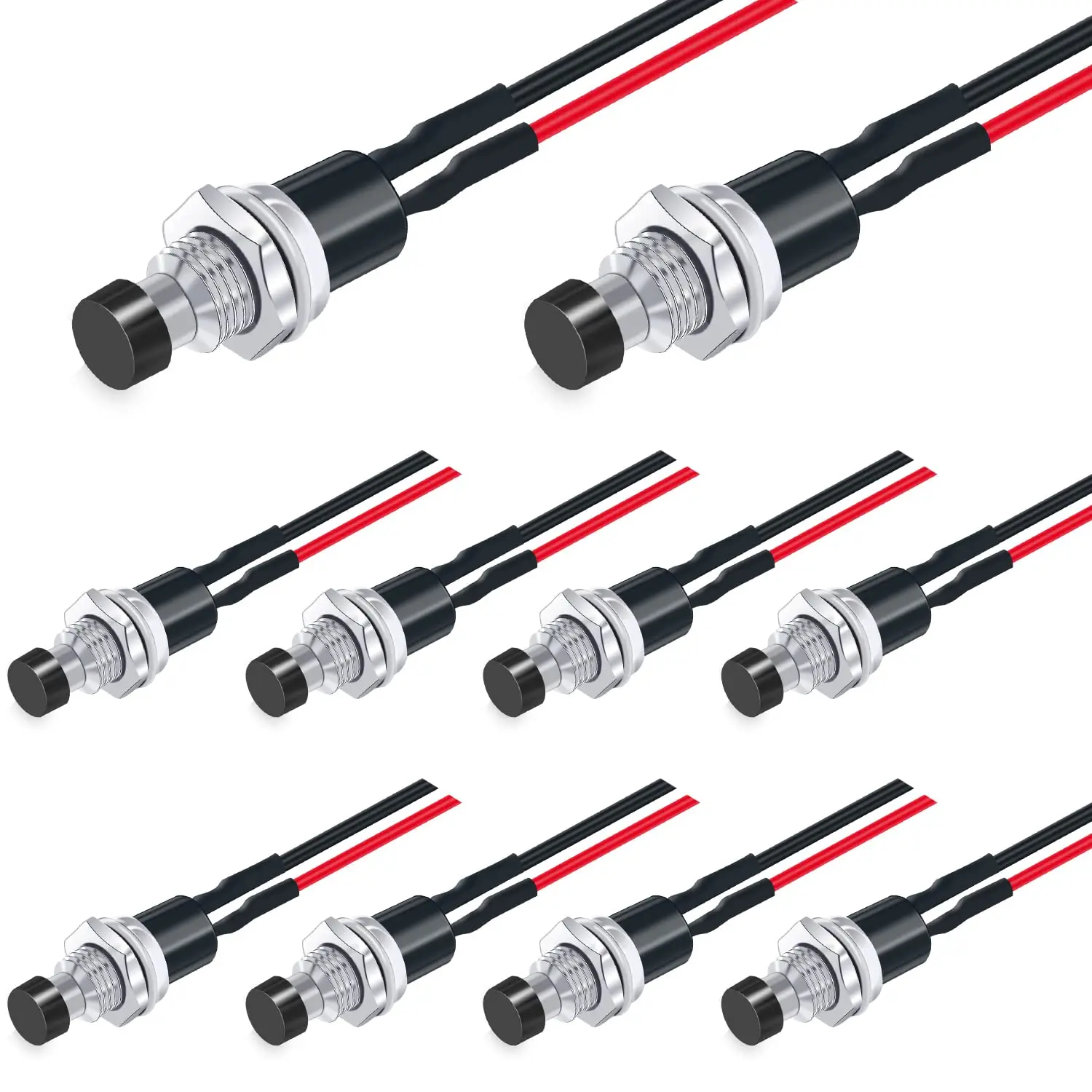 10Pcs 12V 250V Momentary Push Button Switch 2 Pins SPST 7mm Red and Black Normal Open 1A Mini Round Button Switch with Pre-solde