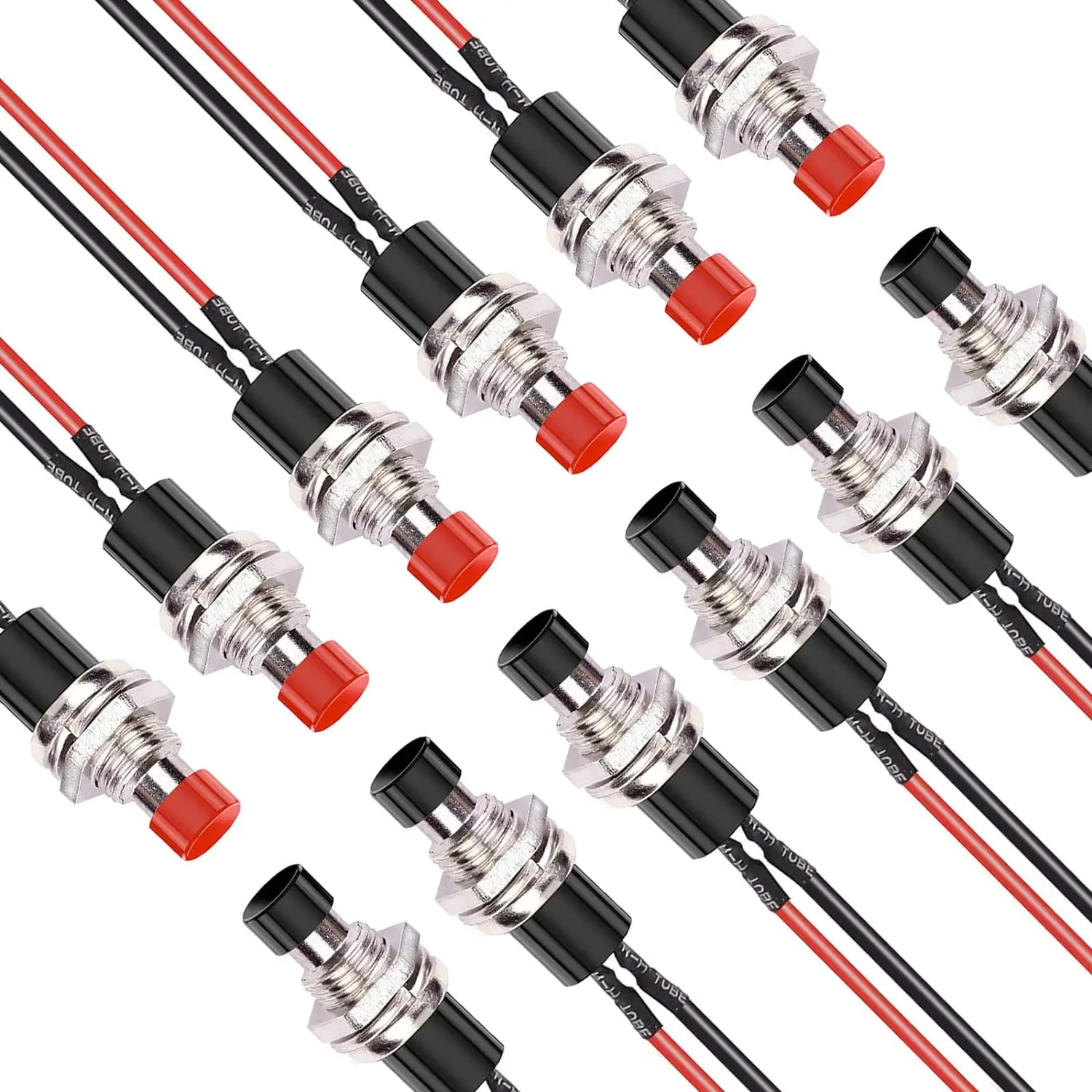 10Pcs 12V 250V Momentary Push Button Switch 2 Pins SPST 7mm Red and Black Normal Open 1A Mini Round Button Switch with Pre-solde