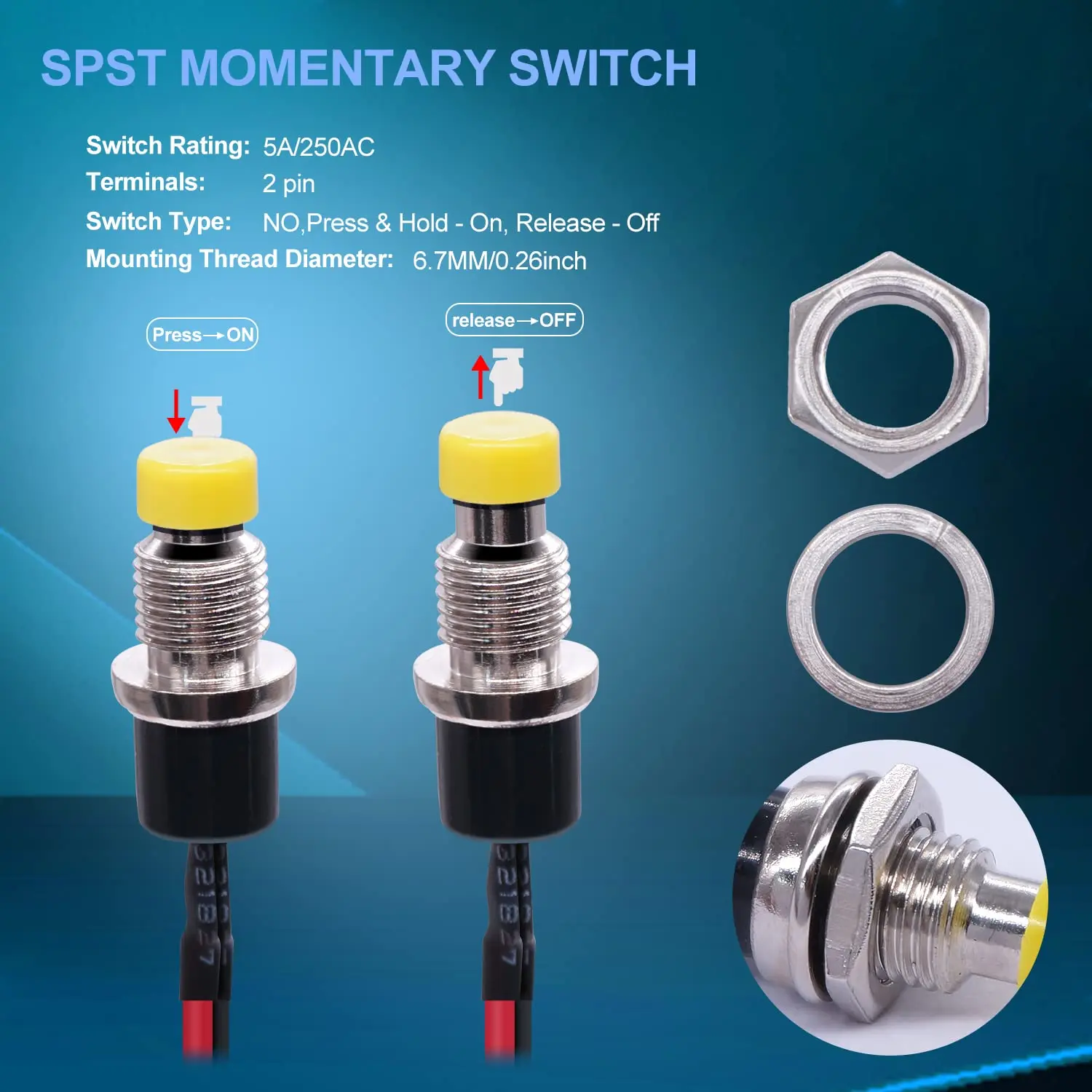 10Pcs 12V 250V Momentary Push Button Switch 2 Pins SPST 7mm Red and Black Normal Open 1A Mini Round Button Switch with Pre-solde