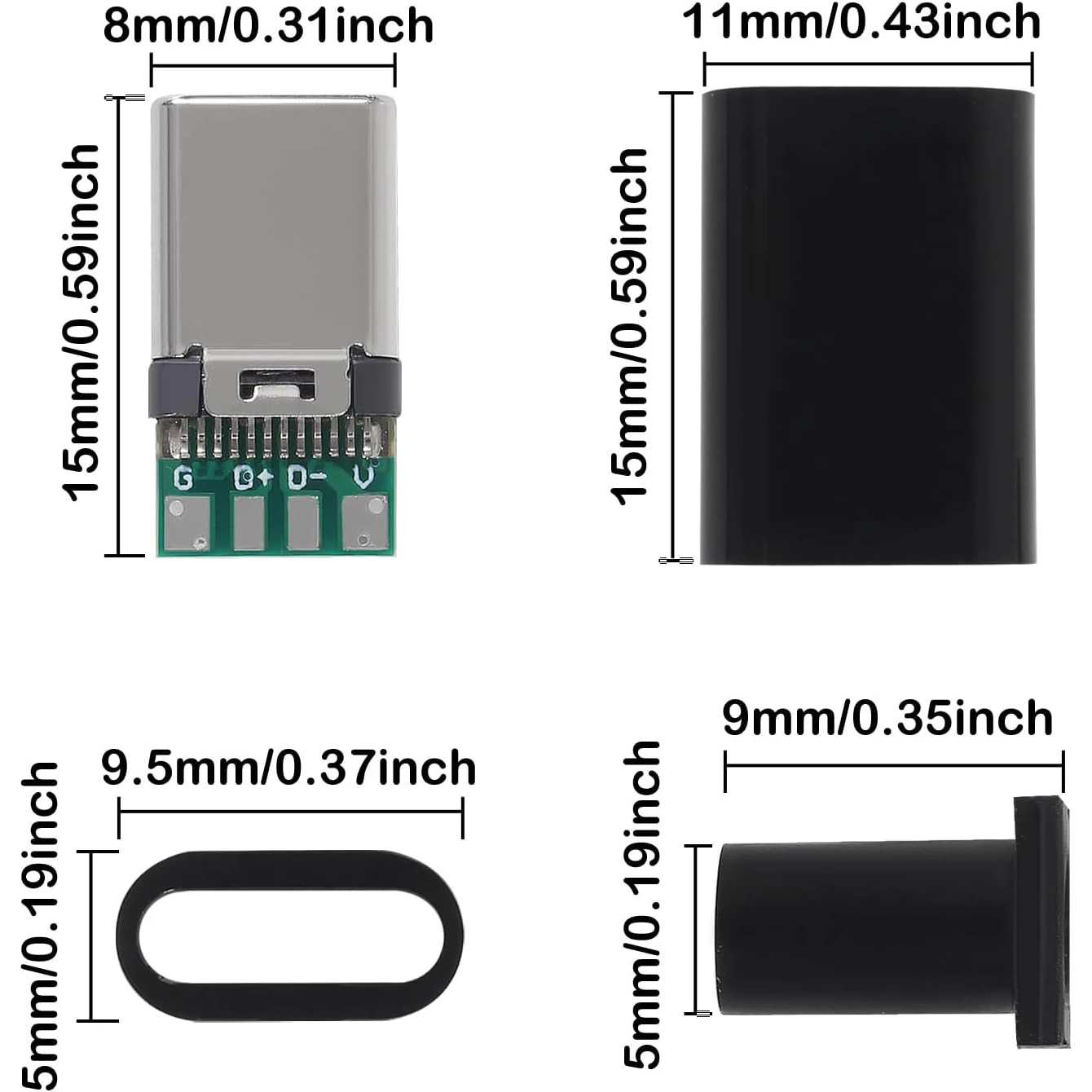 10 Pack USB C Connector - USB 3.1 Male Plug Port Type C Connector for Cable Repair - Solder Adapter with PCB Board black