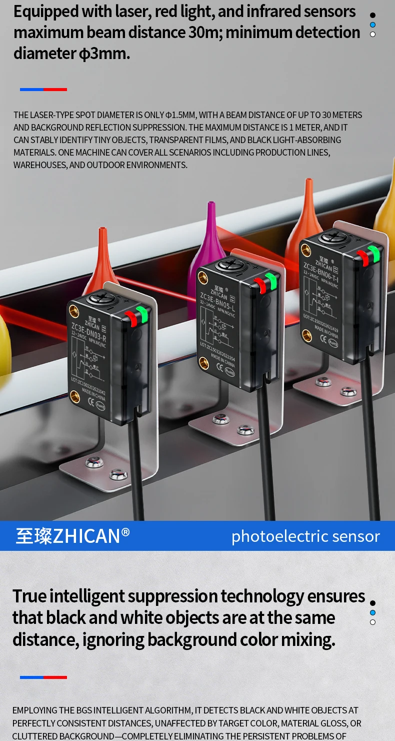 ZHICAN ZC3E Laser Photoelectric Sensor Background Suppression Adjustable Distance Object Detection Switch