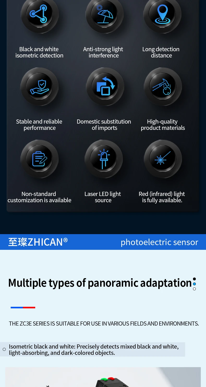 ZHICAN ZC3E Laser Photoelectric Sensor Background Suppression Adjustable Distance Object Detection Switch