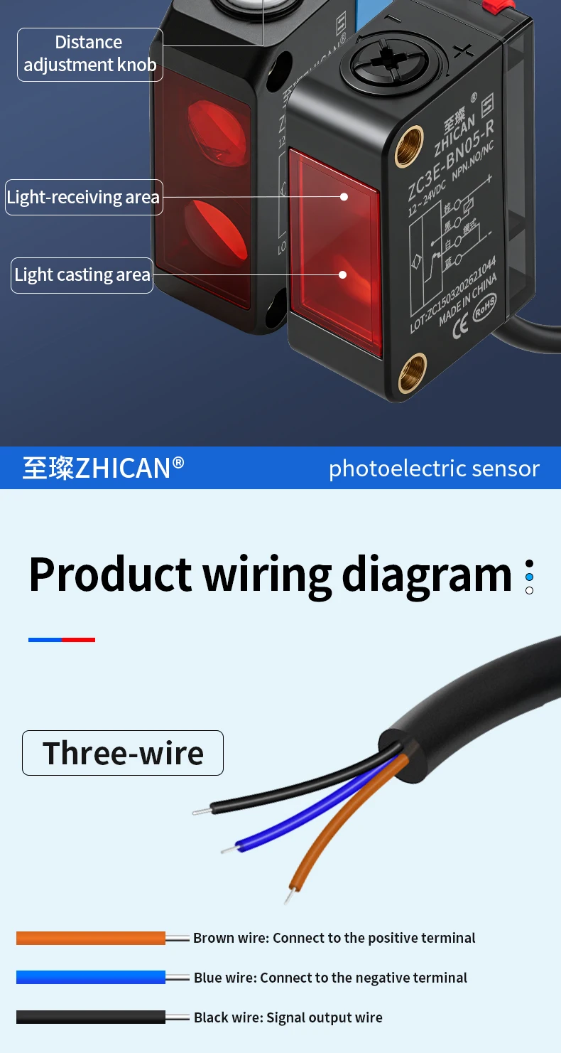 ZHICAN ZC3E Laser Photoelectric Sensor Background Suppression Adjustable Distance Object Detection Switch