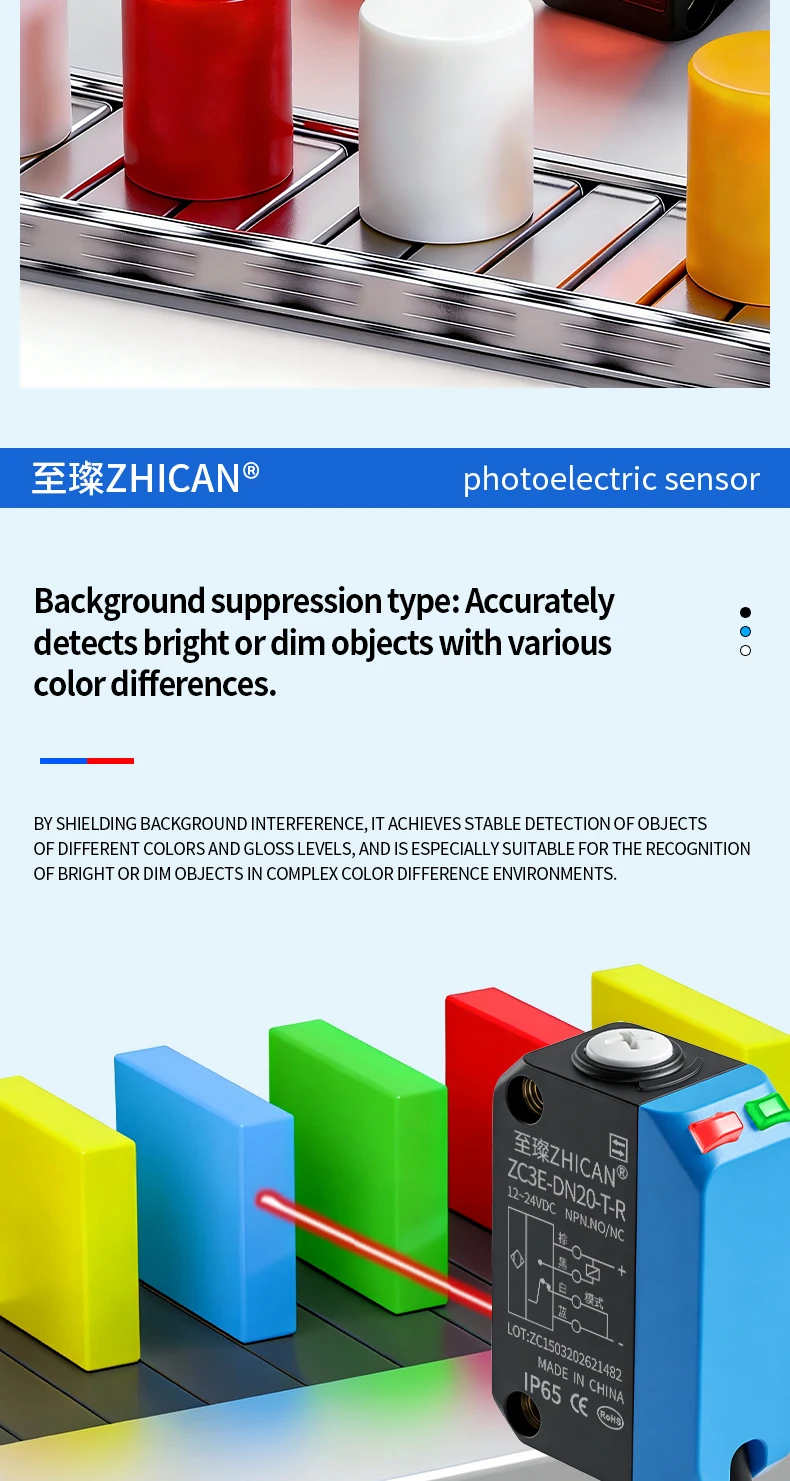 ZHICAN ZC3E Laser Photoelectric Sensor Background Suppression Adjustable Distance Object Detection Switch