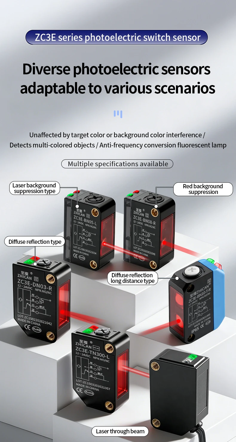 ZHICAN ZC3E Laser Photoelectric Sensor Background Suppression Adjustable Distance Object Detection Switch