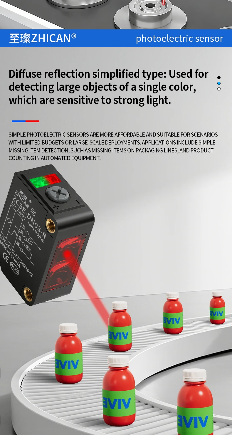ZHICAN ZC3E Laser Photoelectric Sensor Background Suppression Adjustable Distance Object Detection Switch
