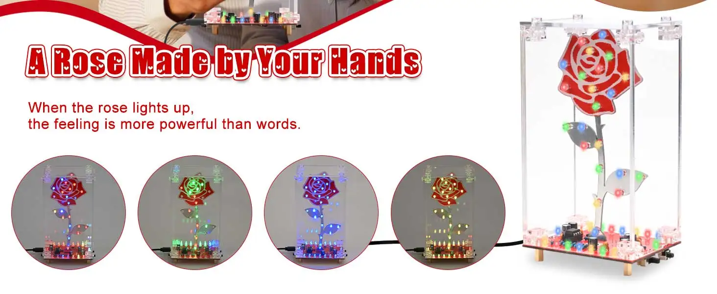 DIY Rose Soldering Practice Kit LED Flower Electronics Project with Acrylic Case Flashing Light Built-in Music Assembly Kits