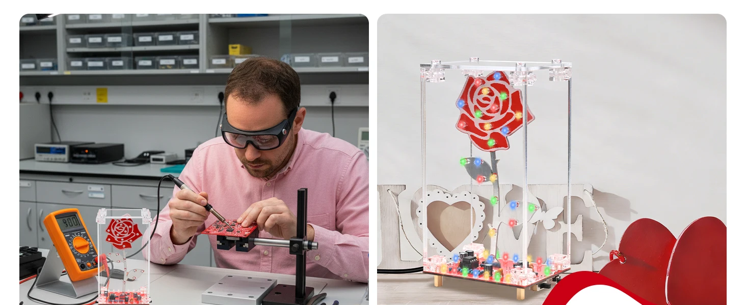 DIY Rose Soldering Practice Kit LED Flower Electronics Project with Acrylic Case Flashing Light Built-in Music Assembly Kits
