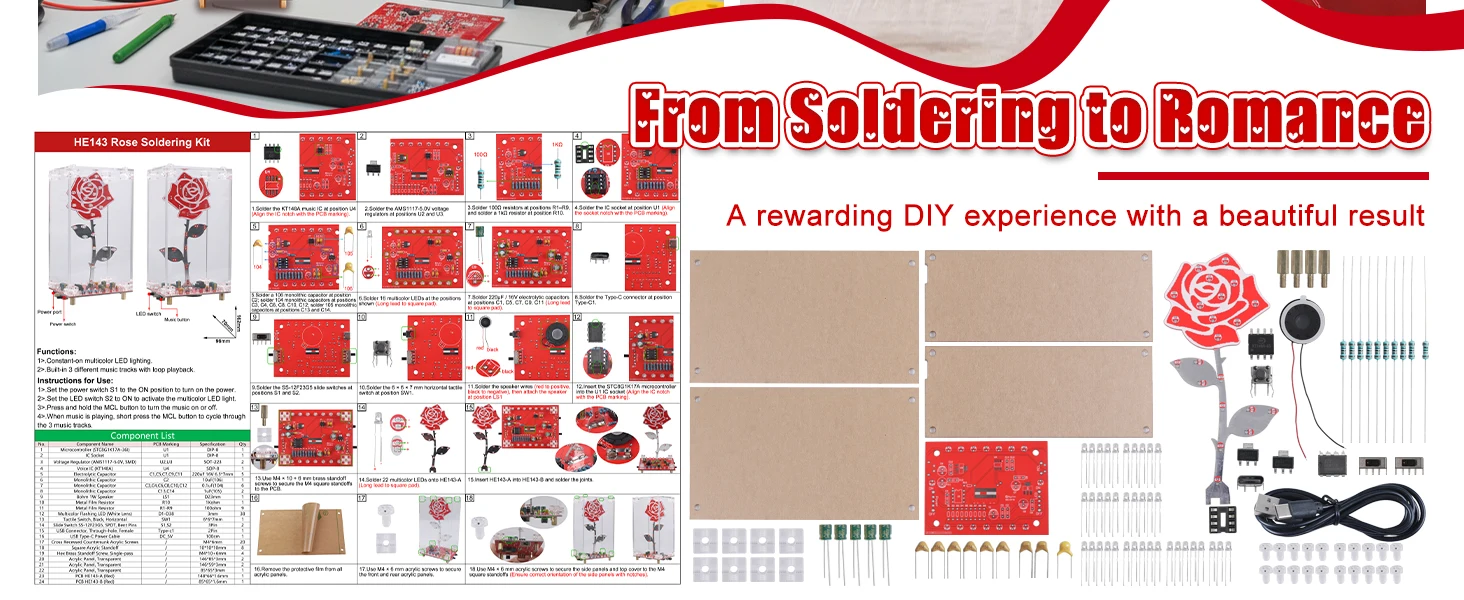 DIY Rose Soldering Practice Kit LED Flower Electronics Project with Acrylic Case Flashing Light Built-in Music Assembly Kits