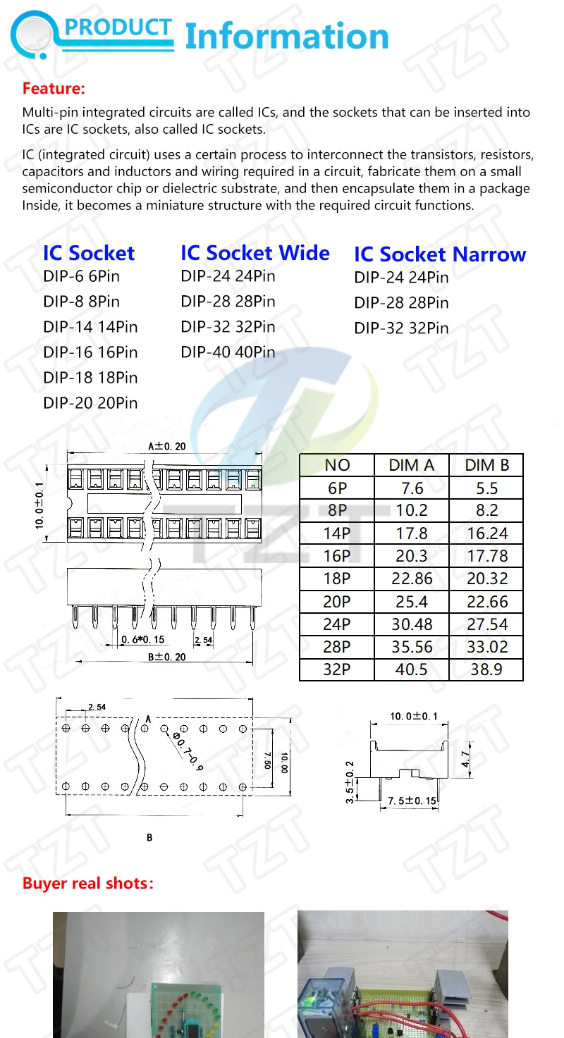 10pcs TZT IC Seat 6P/8P/14P/16P/18P/20P/24P/28P DIP IC Sockets Adaptor Solder Type 28 pin Narrow Body DIP Sockets MCU Seat
