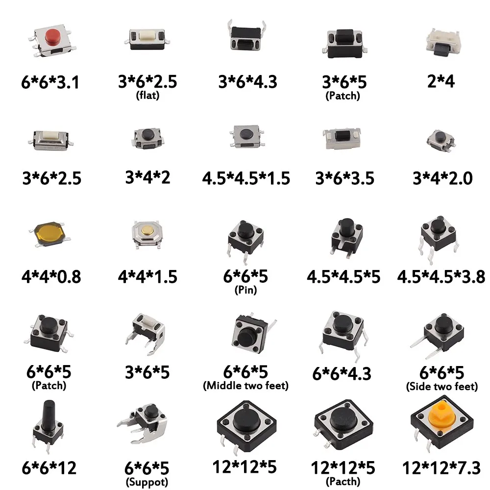 125PCS Assorted Micro Push Button Tact Switch Kit - 25 Types, Including Reset & Mini Leaf Switches, SMD/DIP 2*4 3*6 4*4 6*6