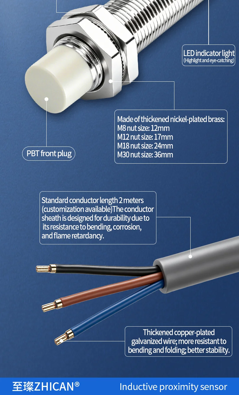ZHICAN E2B M18 Inductive Proximity Sensor NPN PNP NO NC 3 Wire DC24V Cylindrical Metal Detection Switch