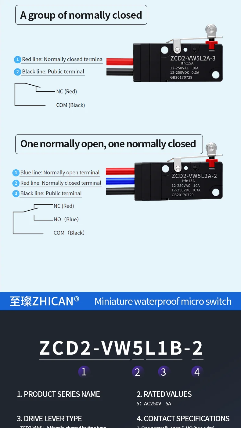 ZHICAN ZCD2-VW IP67 Waterproof Micro Switch NO NC Wired Limit Switch 2 Wire 3 Wire Forklift Automotive