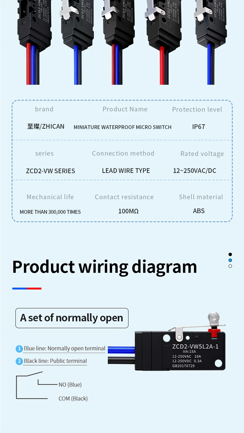 ZHICAN ZCD2-VW IP67 Waterproof Micro Switch NO NC Wired Limit Switch 2 Wire 3 Wire Forklift Automotive