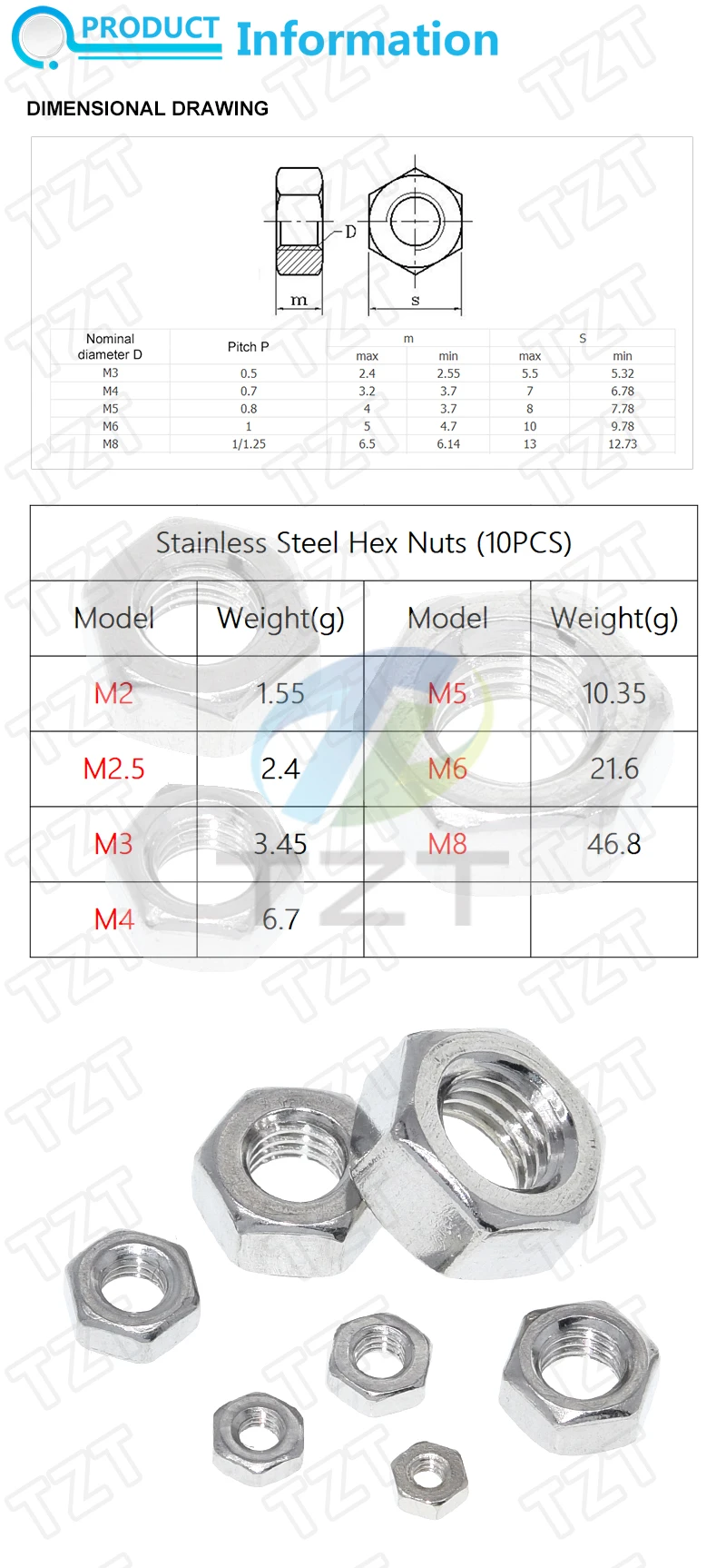 TZT 10pcs/lot Metric thread DIN934 M2 M2.5 M3 M4 M5 M6 M8 304 Stainless Steel Hex Nuts