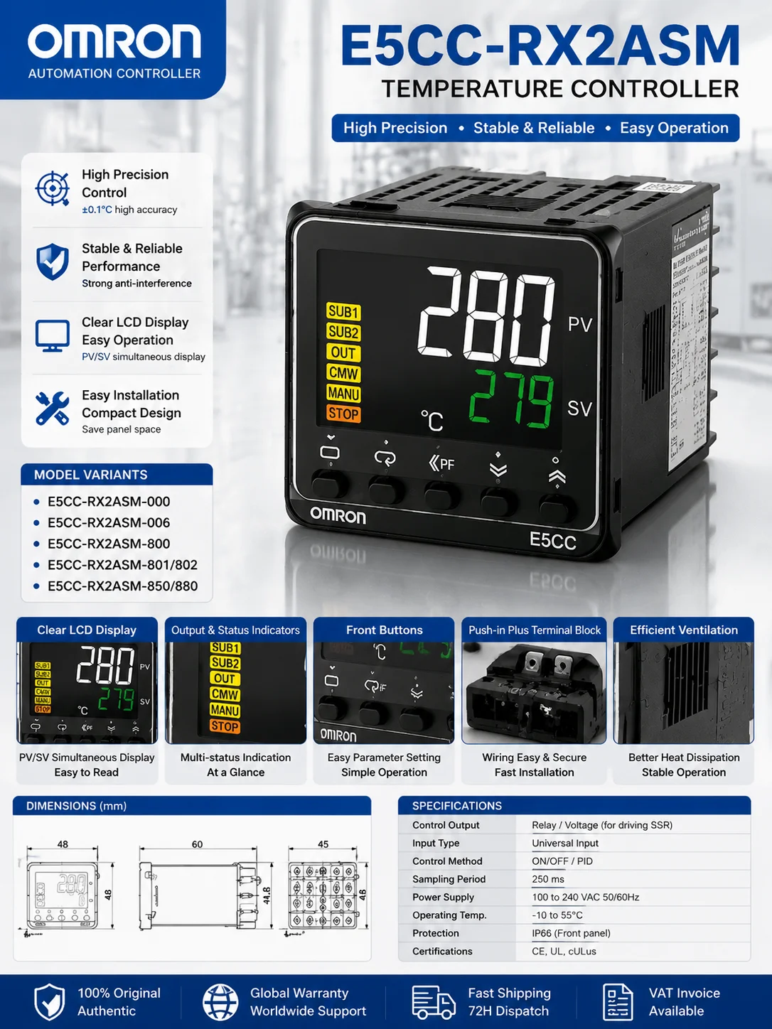 New OMRON Temperature Controller E5CC-RX2ASM-000 E5CC-RX2ASM-006 E5CC-RX2ASM-800 E5CC-RX2ASM-801/802 E5CC-RX2ASM-850/880