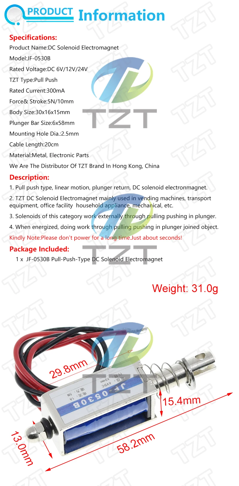 JF-0530B TZT DC 6V 12V 24V Push&Pull type Open Frame Electromagnet keepping Force 5N travel 10mm Linear Solenoid