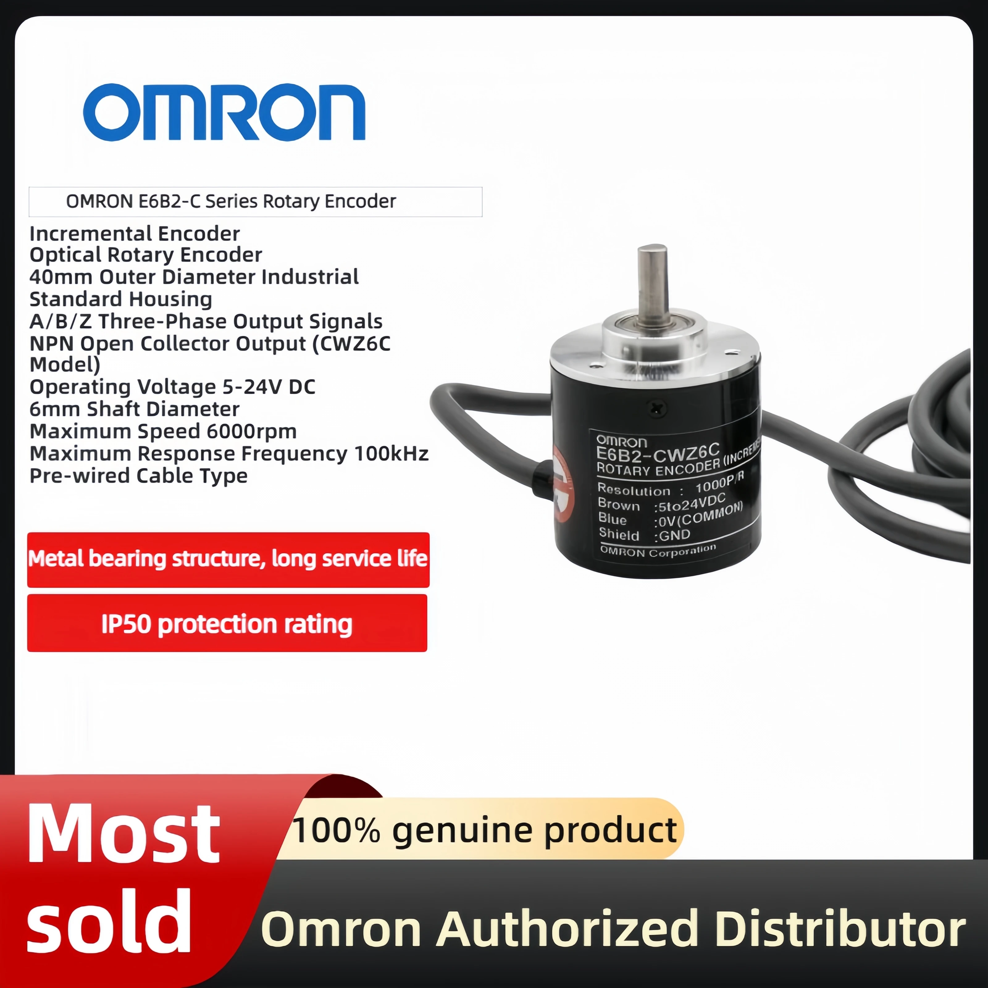 OMRON Rotary Encoder E6B2-CWZ6C 100P/R 200P/R 300P/R 360P/R 500P/R 600P/R 1000P/R 1024P/R 2000P/R Incremental Encoder